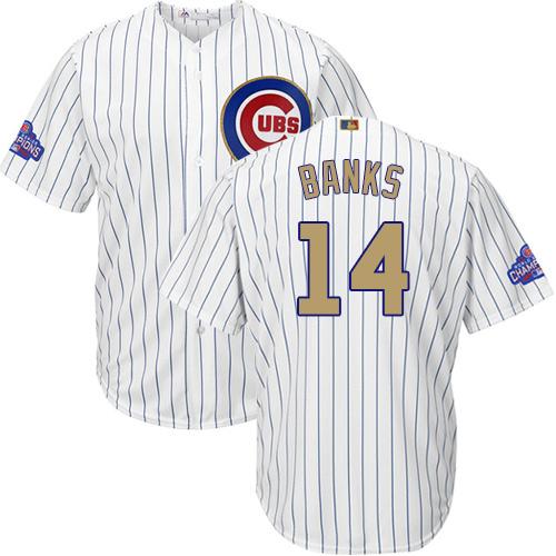 Cubs #14 Ernie Banks White(Blue Strip) Gold Program Cool Base Stitched MLB Jersey